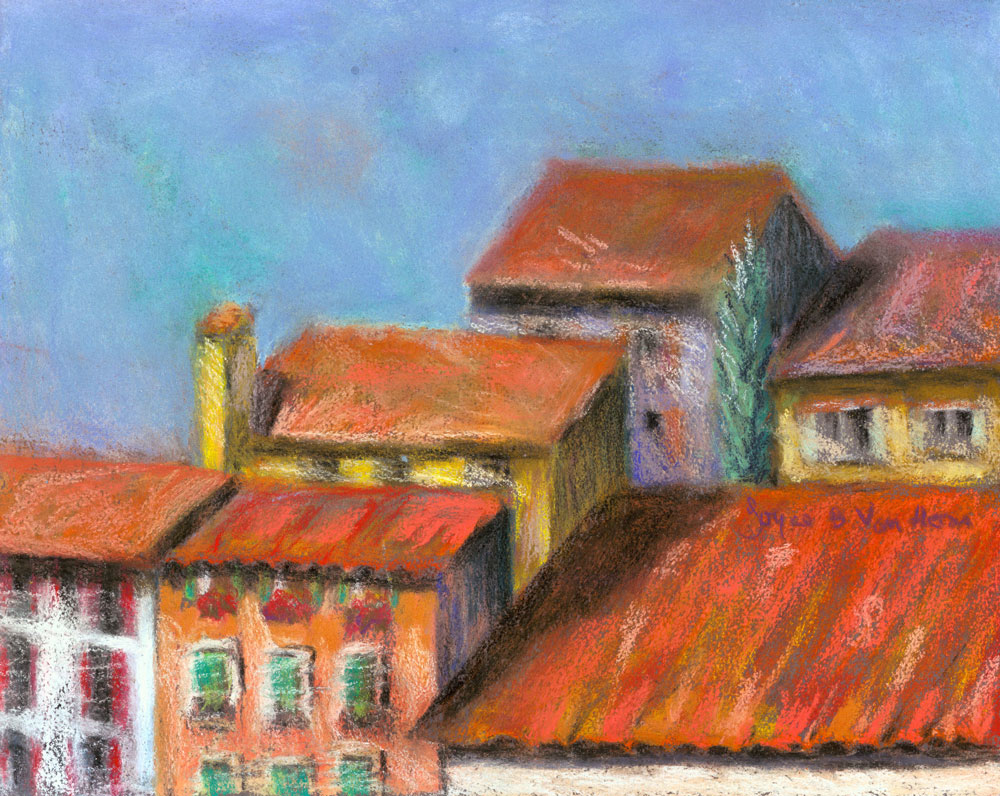 Rooftops in Villefranche-Sur-Mer by Joyce Van Horn, pastel